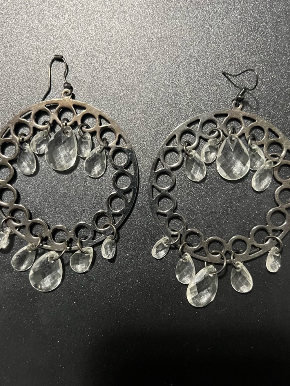 Silver-Tone Filigree Hoop Earrings with Clear Teardrop Crystals
